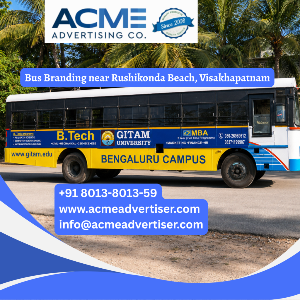 Bus branding near Rushikonda Beach, Visakhapatnam featuring fully wrapped transit buses traveling through Madhurawada, Beach Road, MVP Colony, and busy coastal corridors for maximum brand visibility.