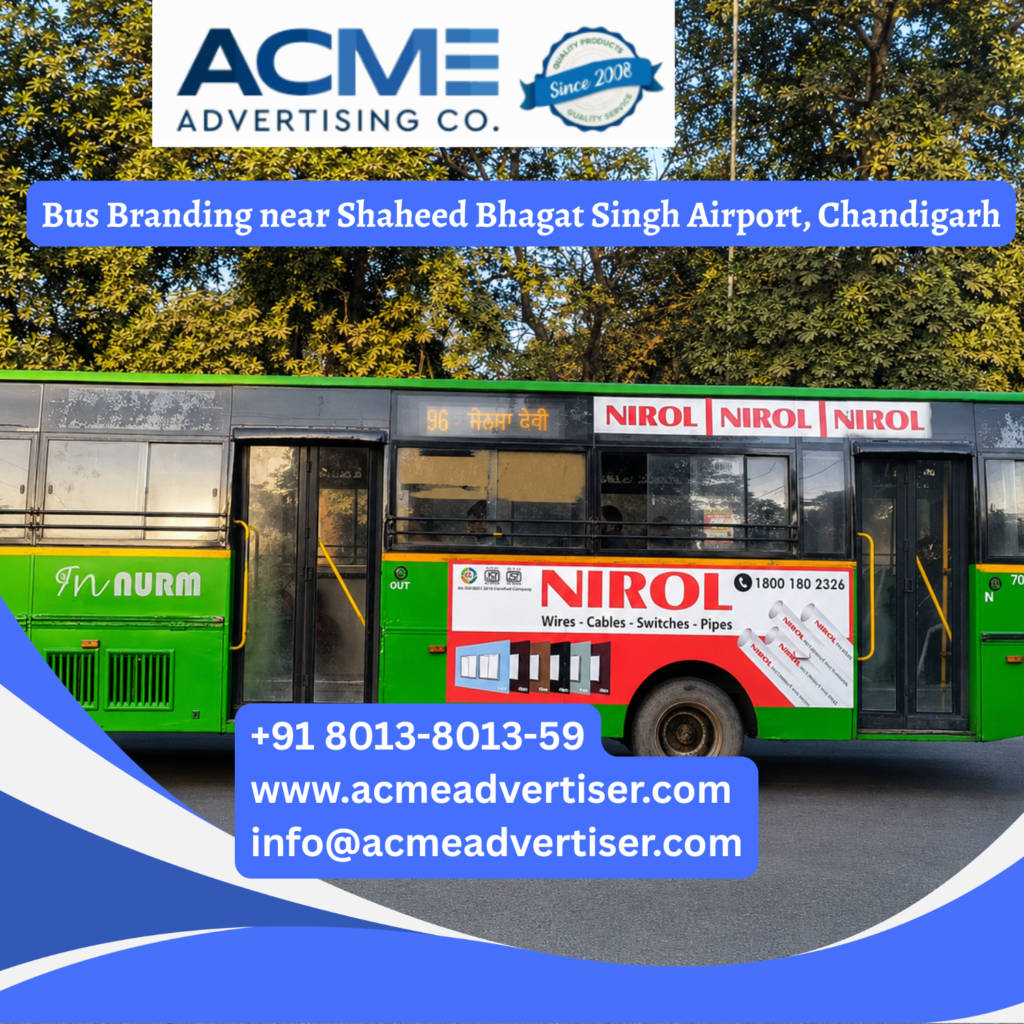 Bus branding near Shaheed Bhagat Singh Airport, Chandigarh featuring fully wrapped transit buses traveling through Zirakpur, Aerocity, VIP Road, Sector 17, and major commercial corridors