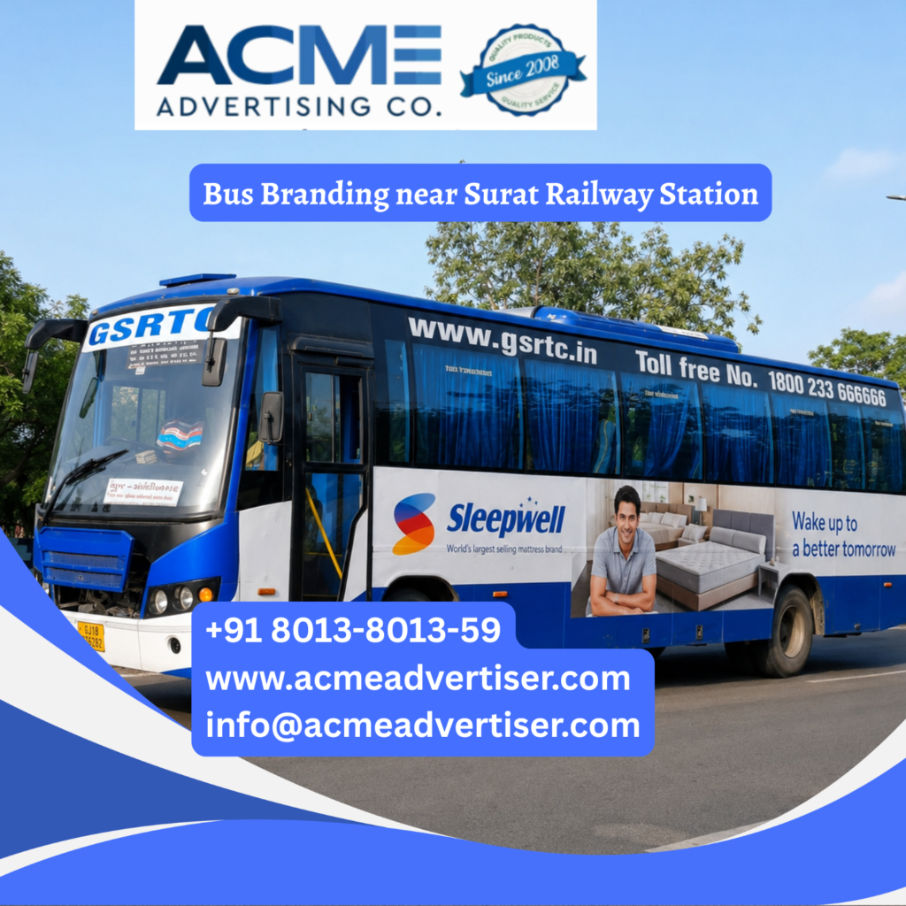 Bus branding near Surat Railway Station featuring fully wrapped transit buses traveling through Ring Road, Udhna Darwaja, Sahara Darwaja, Textile Market, and major commercial corridors