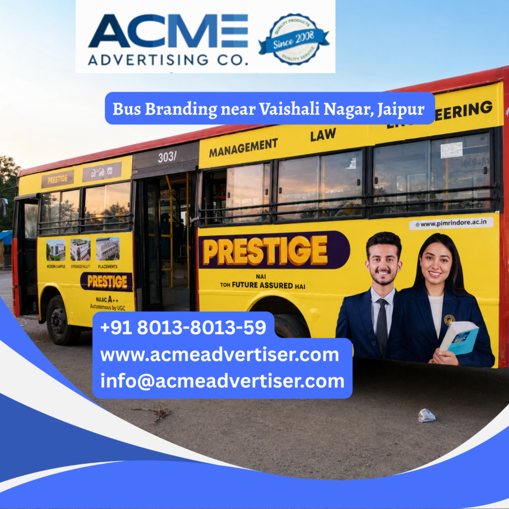 Bus branding near Vaishali Nagar, Jaipur featuring fully wrapped transit buses traveling through Amrapali Circle, Queens Road, Gandhi Path, Chitrakoot, and Ajmer Road for maximum brand visibility.