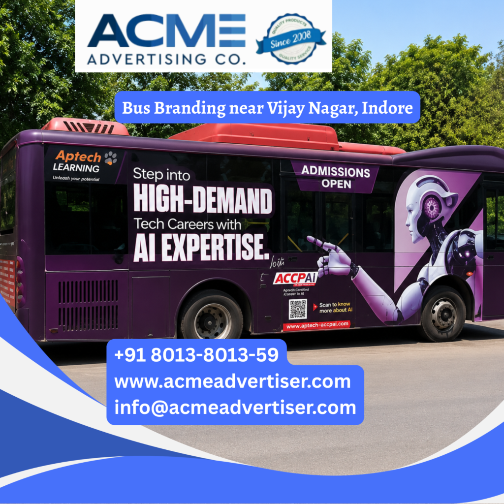 Bus branding near Vijay Nagar, Indore featuring fully wrapped transit buses traveling through AB Road, Bombay Hospital Square, Scheme No. 54, Scheme No. 78, and major commercial corridors