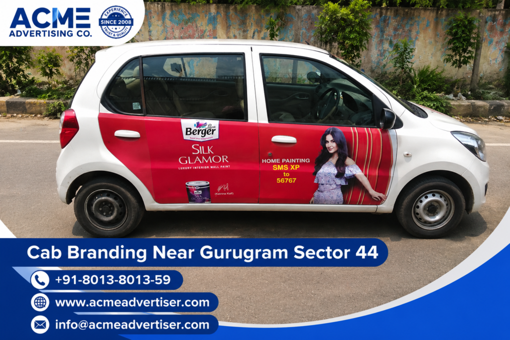 Cab Branding Company Near Sector 44 Gurugram delivering creative cab branding services with complete vehicle wrap advertising in Gurugram. Cab Branding Company Near Gurugram Sector 44