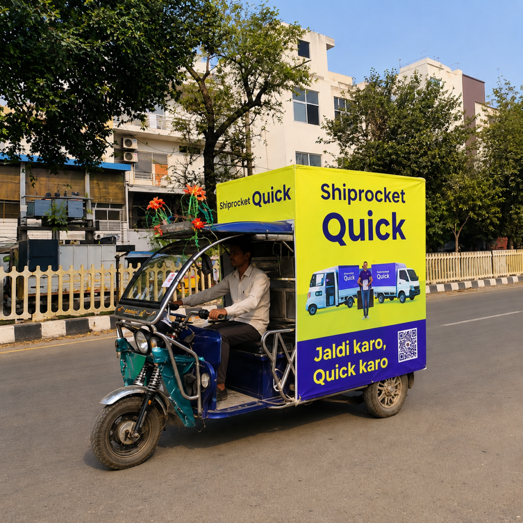 E Rickshaw advertising vehicle traveling through crowded streets to increase brand awareness and local audience reach. E Rickshaw branding vehicle traveling through crowded streets to increase brand awareness and local audience reach.