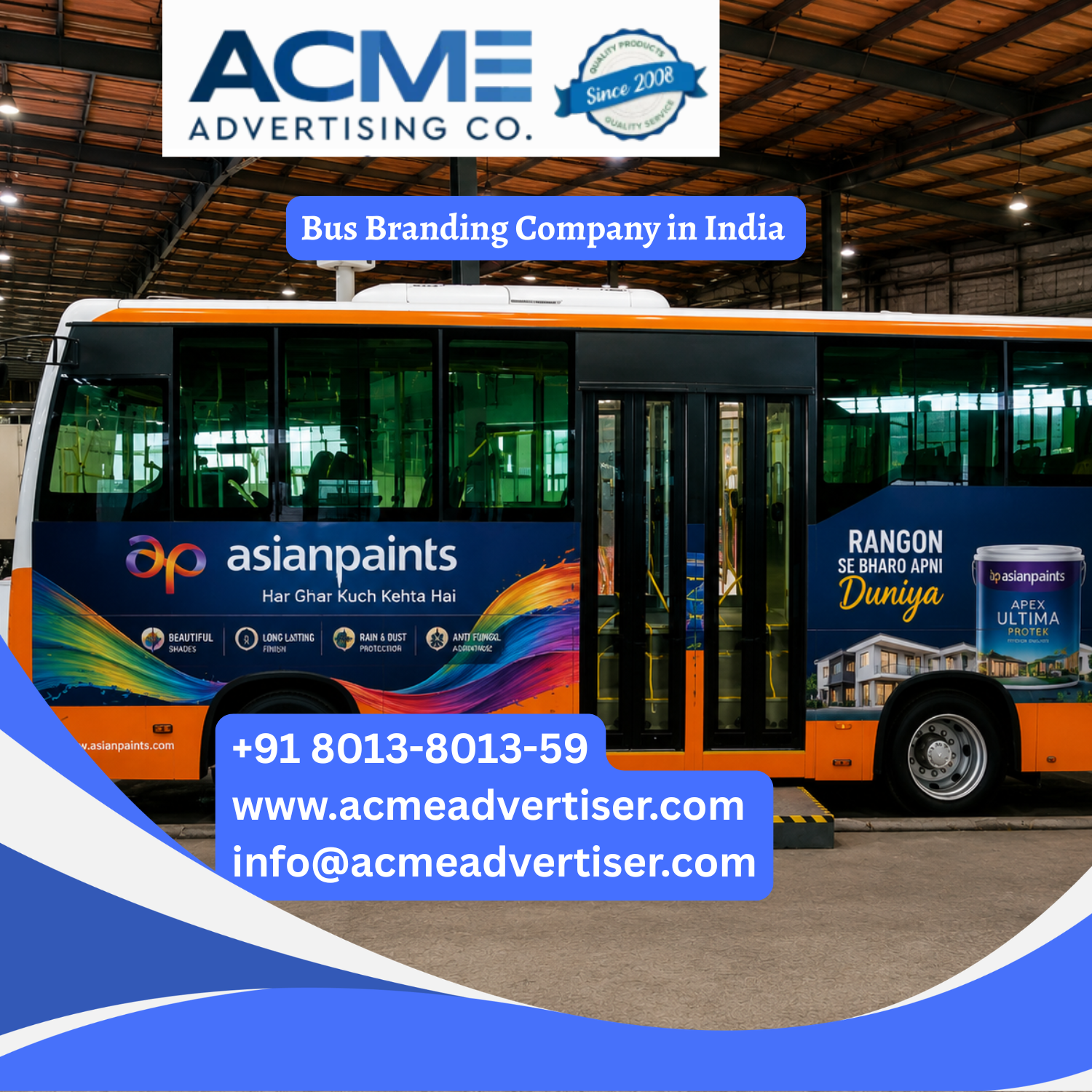 Fully branded buses operating across major cities in India with high impact bus wrap advertising for maximum outdoor brand visibility.