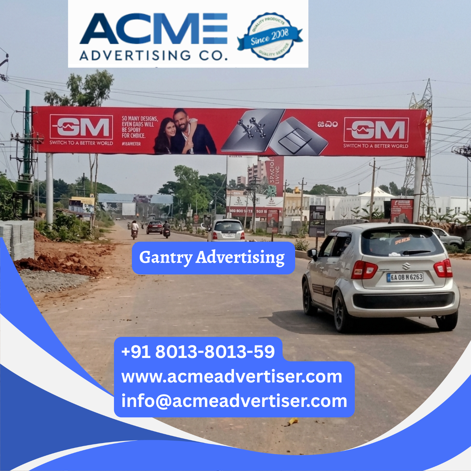 Gantry advertising featuring large overhead billboards on highways and major roads for maximum brand visibility and high impact outdoor advertising.