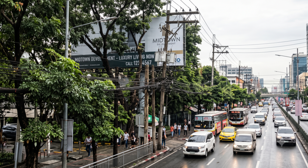 A billboard for Midtown Development is hidden behind trees and power lines on a busy city street.
Avoid Outdoor Advertising Mistakes While Planning.