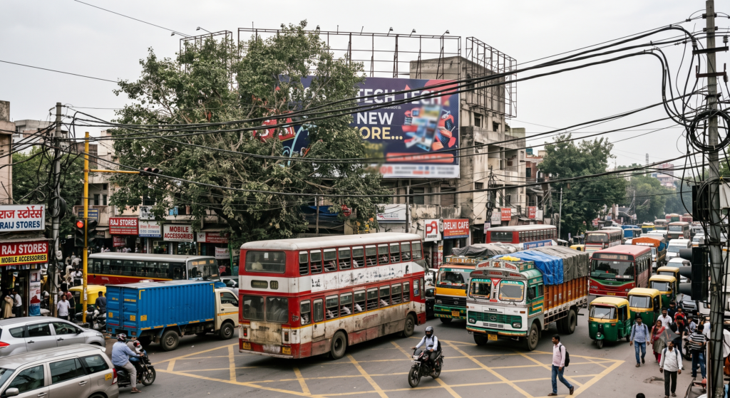 Busy city intersection with a large billboard blocked by traffic and trees.