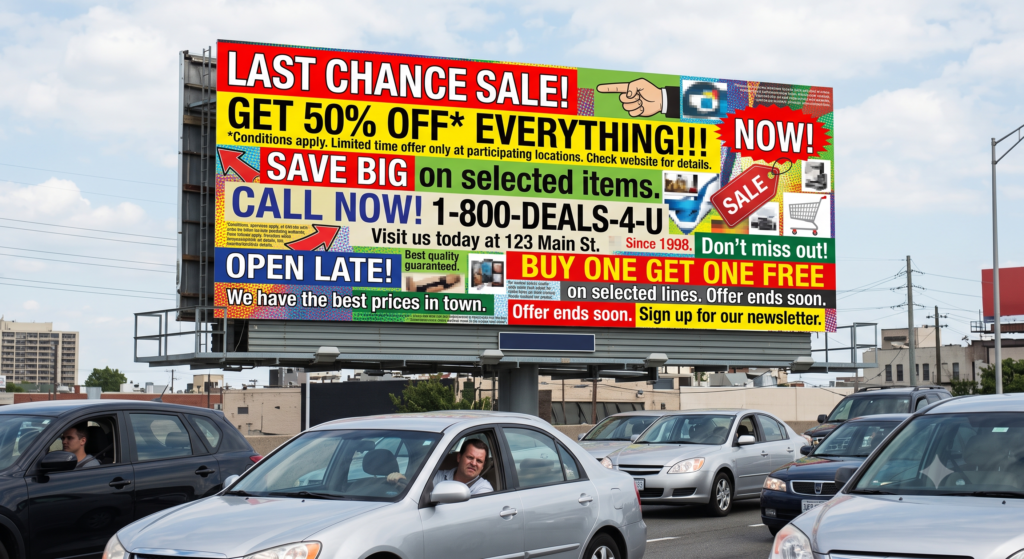 Busy highway traffic passing a chaotic billboard cluttered with text and colors.