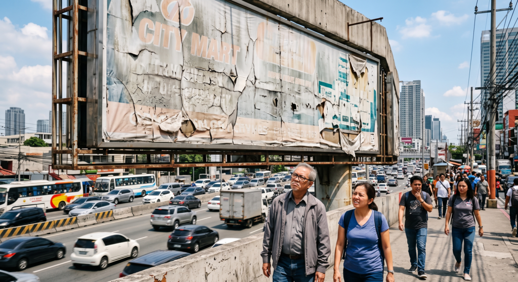 Damaged billboard over a busy city highway as pedestrians look on disappointed.
