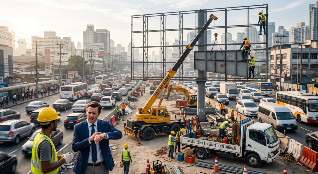 Frustrated client checks watch at a chaotic roadside billboard build in traffic
